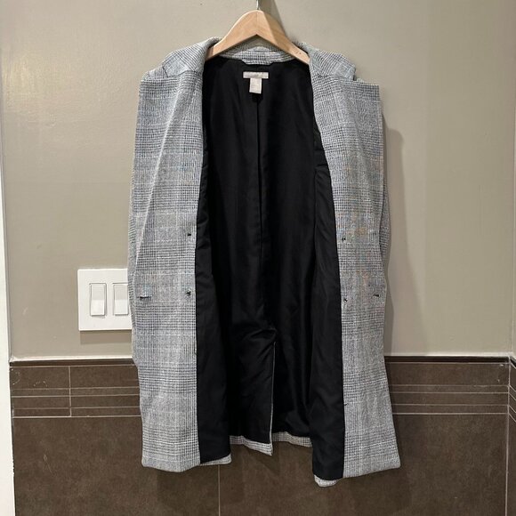 H&M Checked Pattern Double-Breasted Midi-Length Blazer Jacket (Grey/Black/White) - Picture 10 of 16